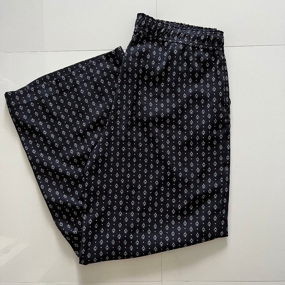 LOFT fluid Black Wide-Leg Pants with White Teardrop Print bandana print - Picture 1 of 4